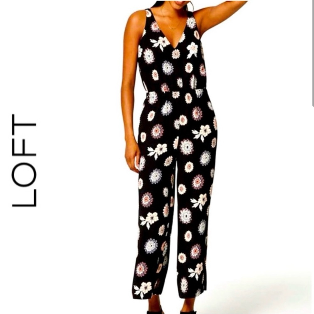 NWT LOFT Black Floral Cropped Jumpsuit with Pockets